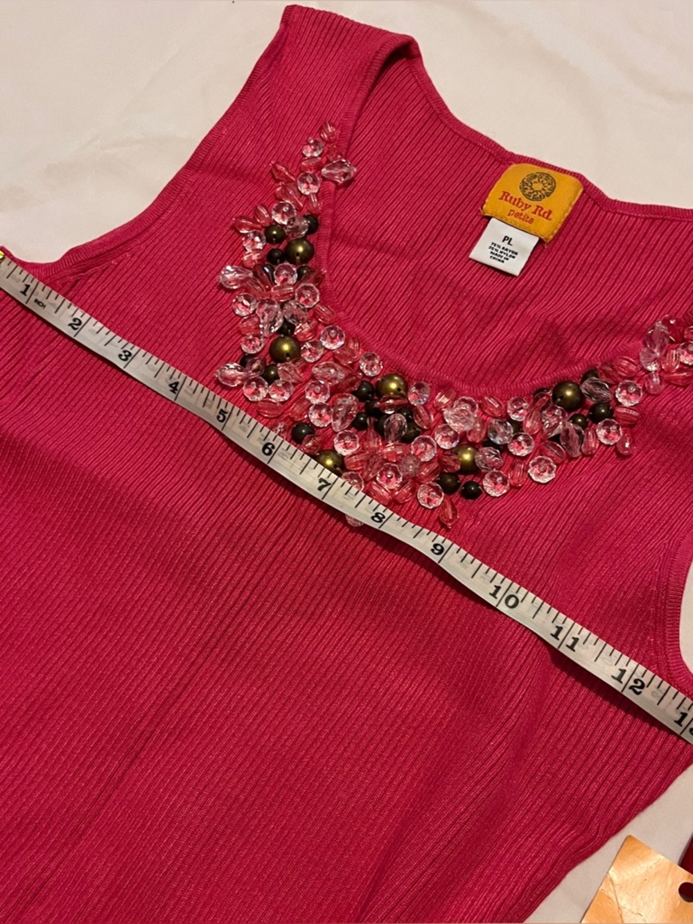 Ruby Rd. Hot Pink Beaded Ribbed Knit Tank Top - Size PL - Picture 7 of 8